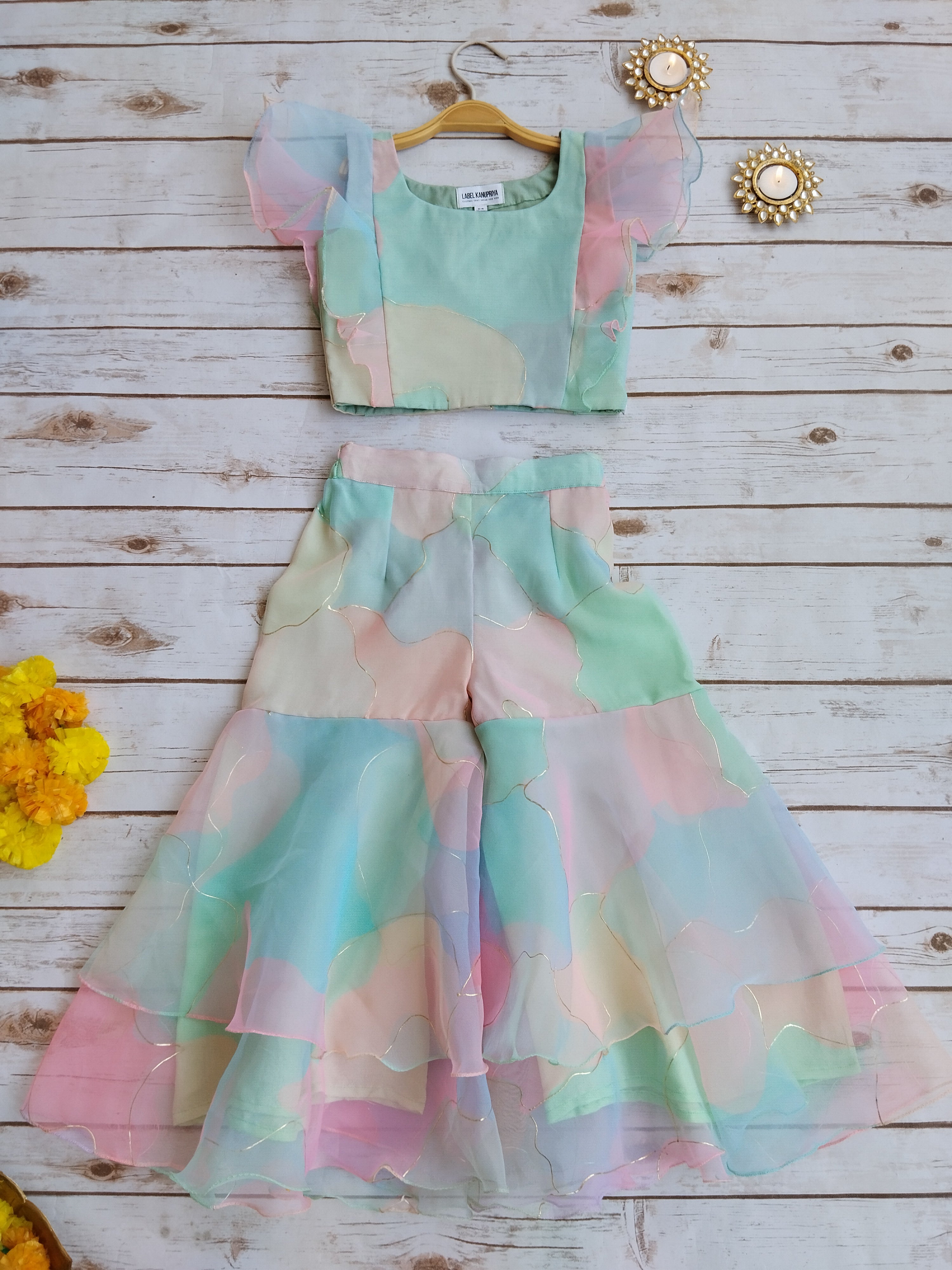 Pastel Dream Organza Crop-Top Kids Sharara Set